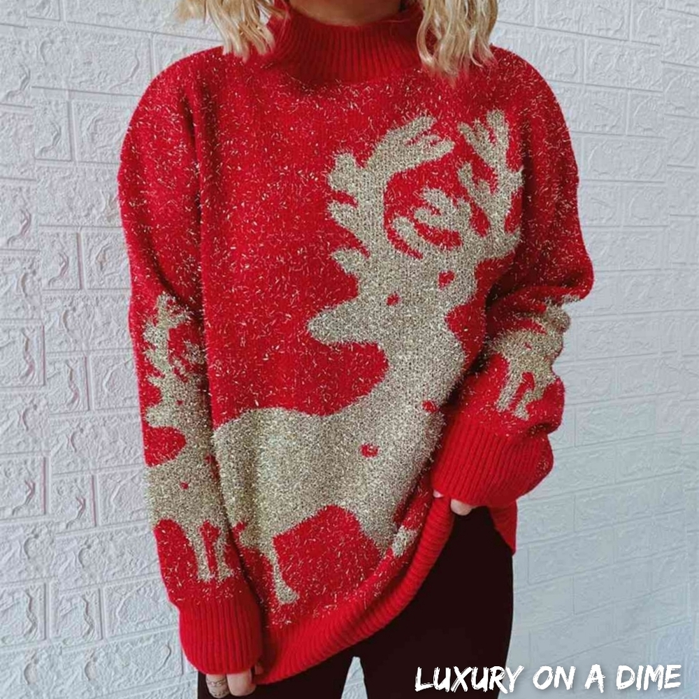 Fuzzy Red Gold Knit Round Neck Classy Holiday Christmas Winter Sweater Reindeer